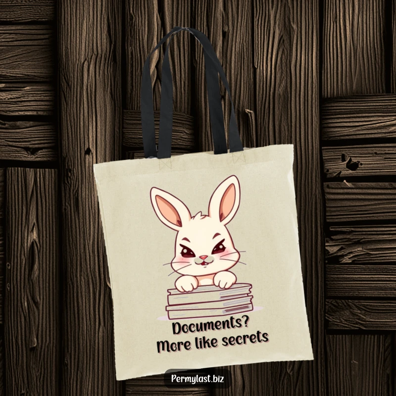 Funny bunny tote bag with a giggling bunny peeking over a pile of documents, mischievous and cute.