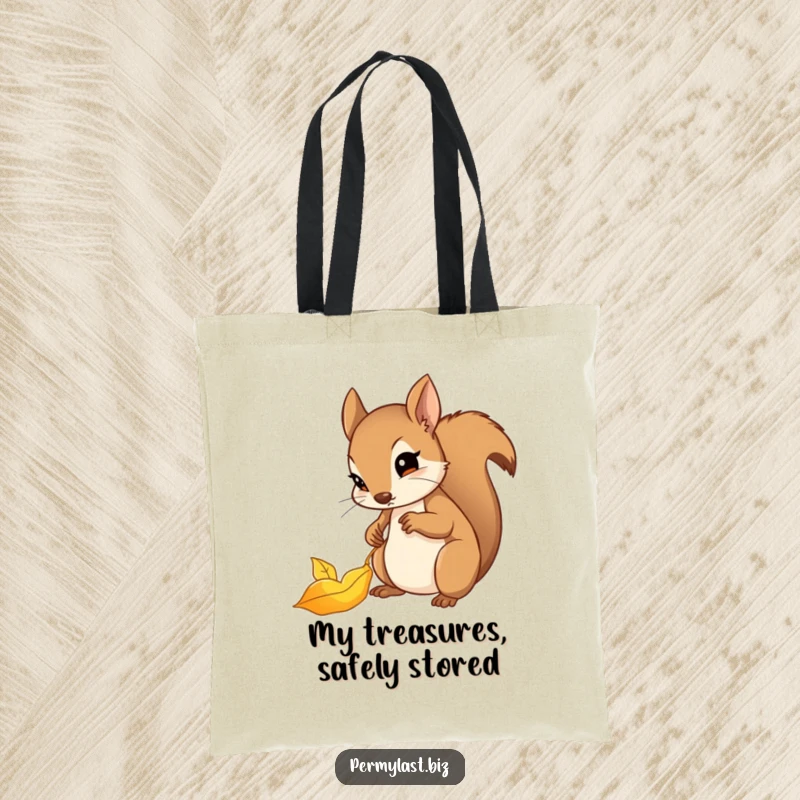 Funny squirrel tote bag with a determined squirrel carefully filing a shiny golden leaf, practical and cute.